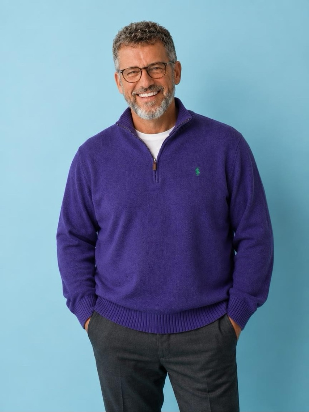 Ralph Lauren Men’s Purple Quarter-Zip Sweater with Teal Pony